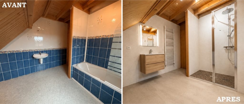 Rénovation complète d’une salle de bains sous combles dans un chalet en bois