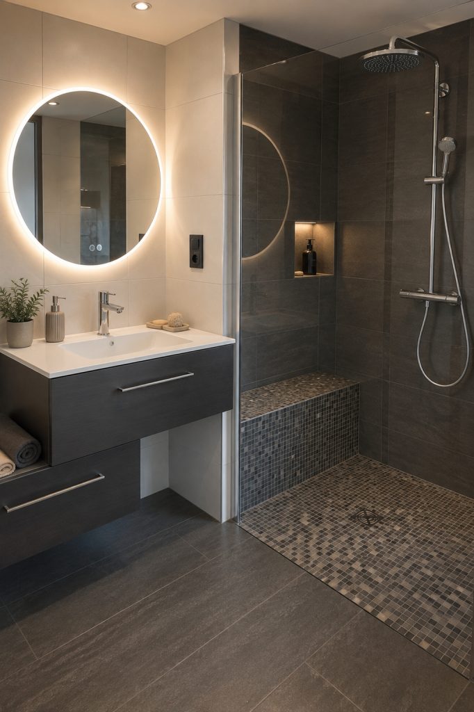 Salle de bains douche à l'italienne Mosaique Banc carrelé miroir rond LED meuble bois noir Woerth